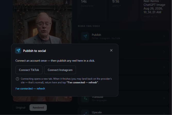 Reel Remix publish to social modal