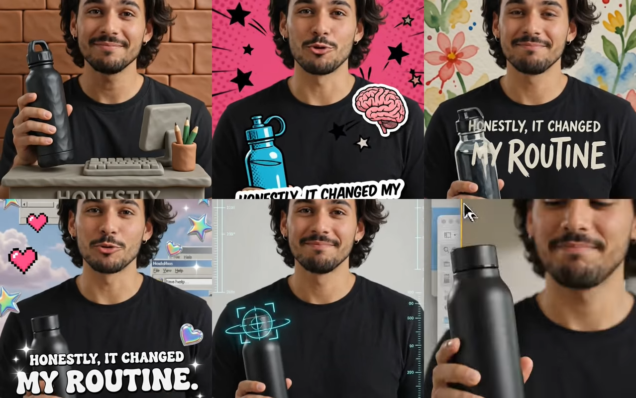 One moment turned into six visual worlds — illustrative Reel Remix output preview