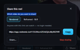 Reel Remix share dialog — copy a link to share a rendered video with no login required