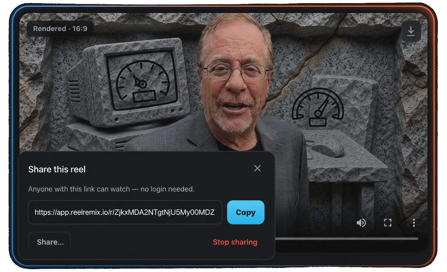 Reel Remix share dialog showing a public watch link that anyone can open — no login required