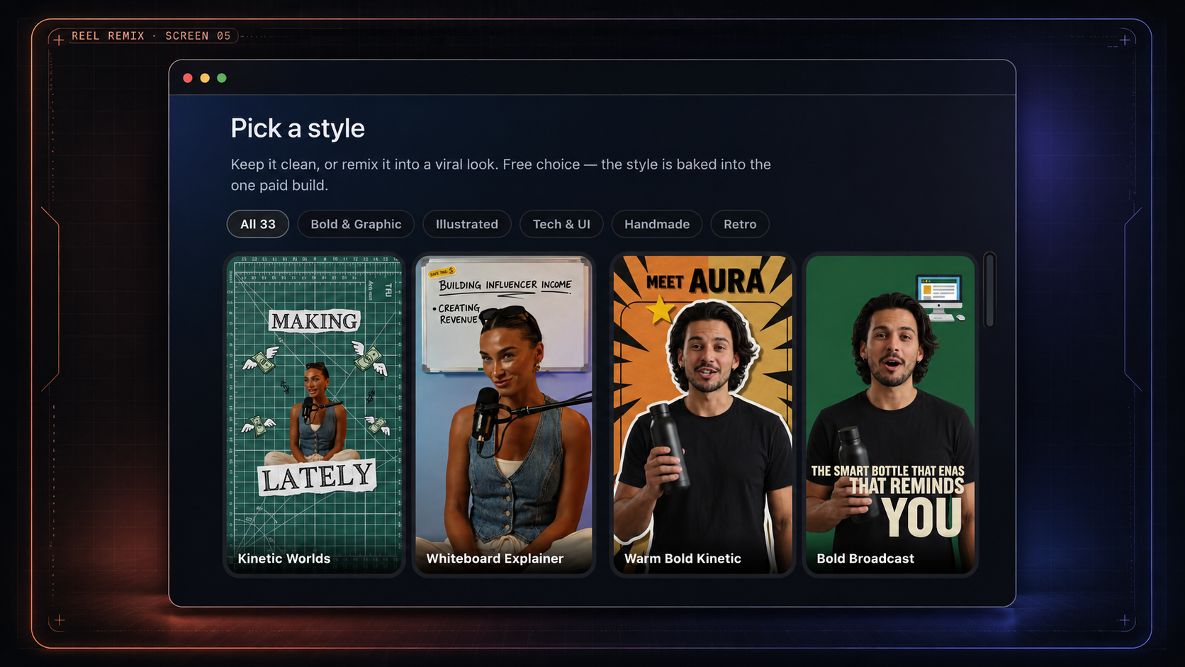 Reel Remix style picker: choose from Kinetic Worlds, Whiteboard Explainer, Warm Bold Kinetic, Bold Broadcast and more looks