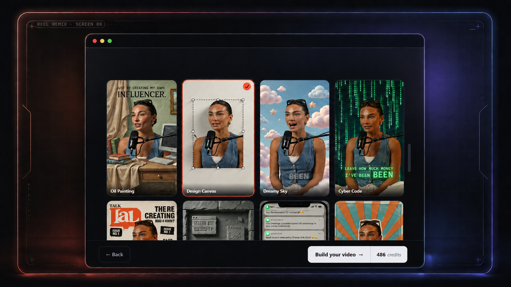 Reel Remix approve screen: preview the generated video and review credit cost before building