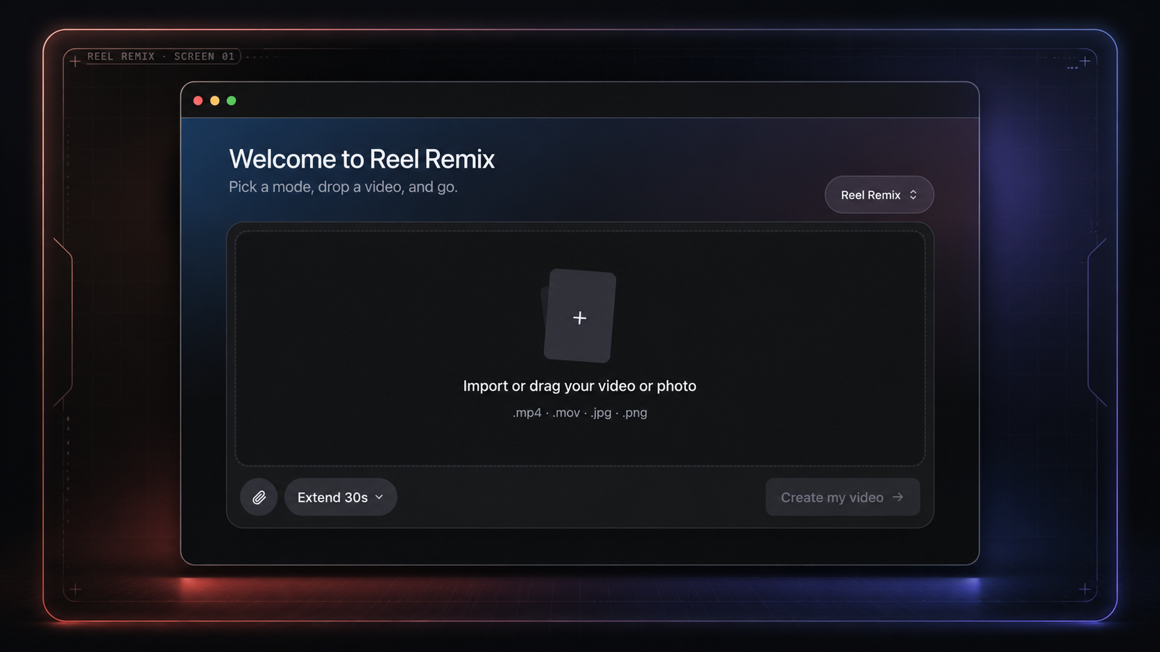 Reel Remix upload screen: drop a video or photo