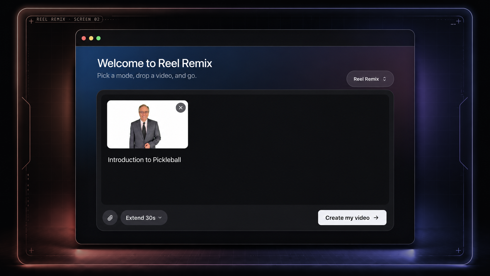 Reel Remix prompt screen: type a script and pick a mode